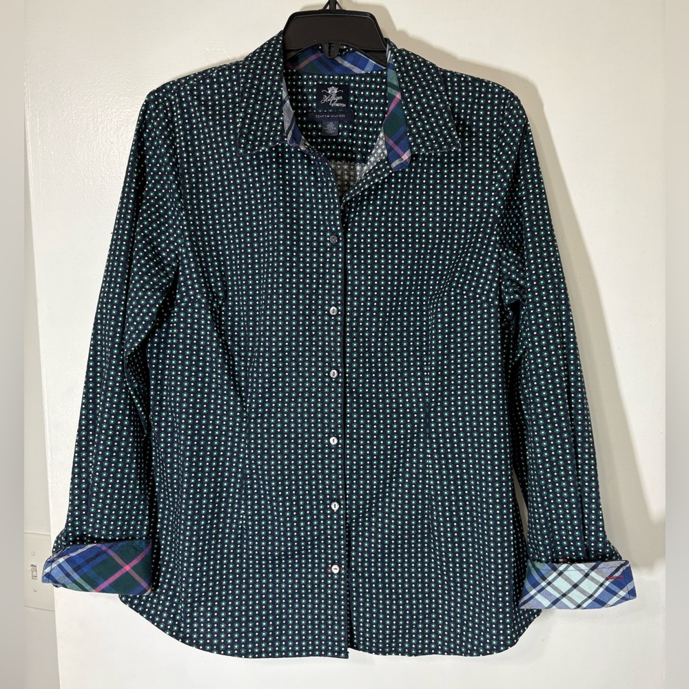 Tommy Hilfiger Women’s Fitted Floral And Plaid Preppy Green Blue Cuff Shirt Sz L